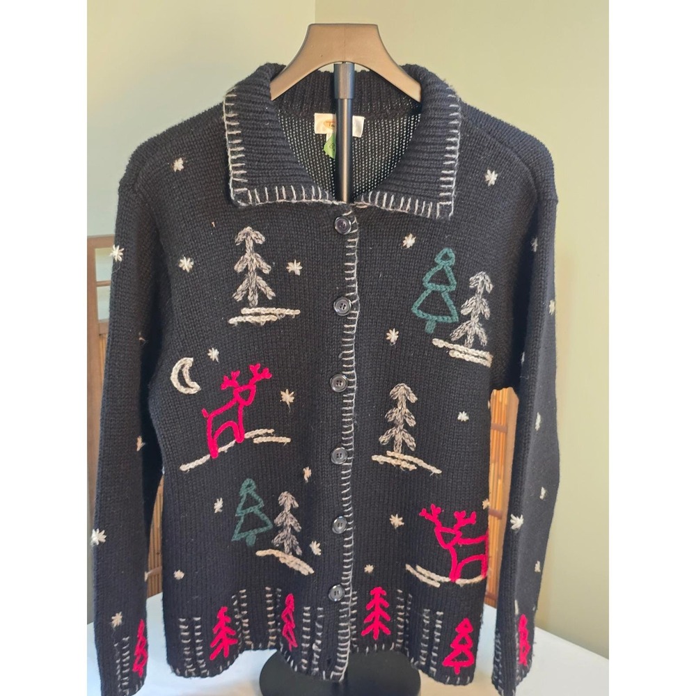 Vintage Talbots Wool Cardigan Sweater Black Embroidered Reindeer Holiday Large
